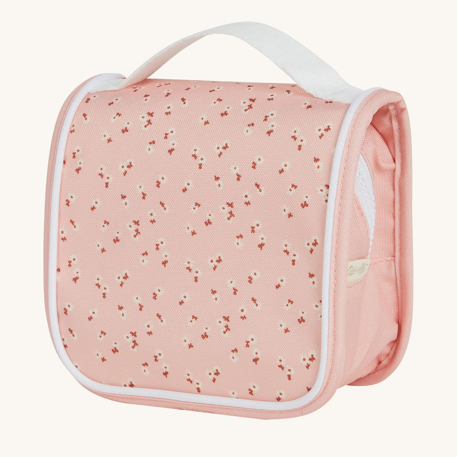 Olli Ella See-Ya Wash Bag with a Pink Daisies print pictured on a plain background