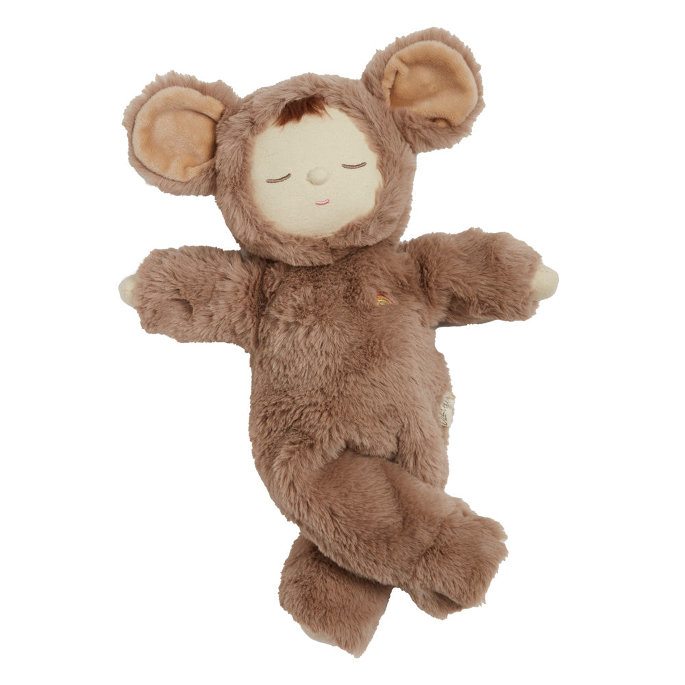 Olli Ella mousy pickle fluffy brown mouse doll toy laying on a white background