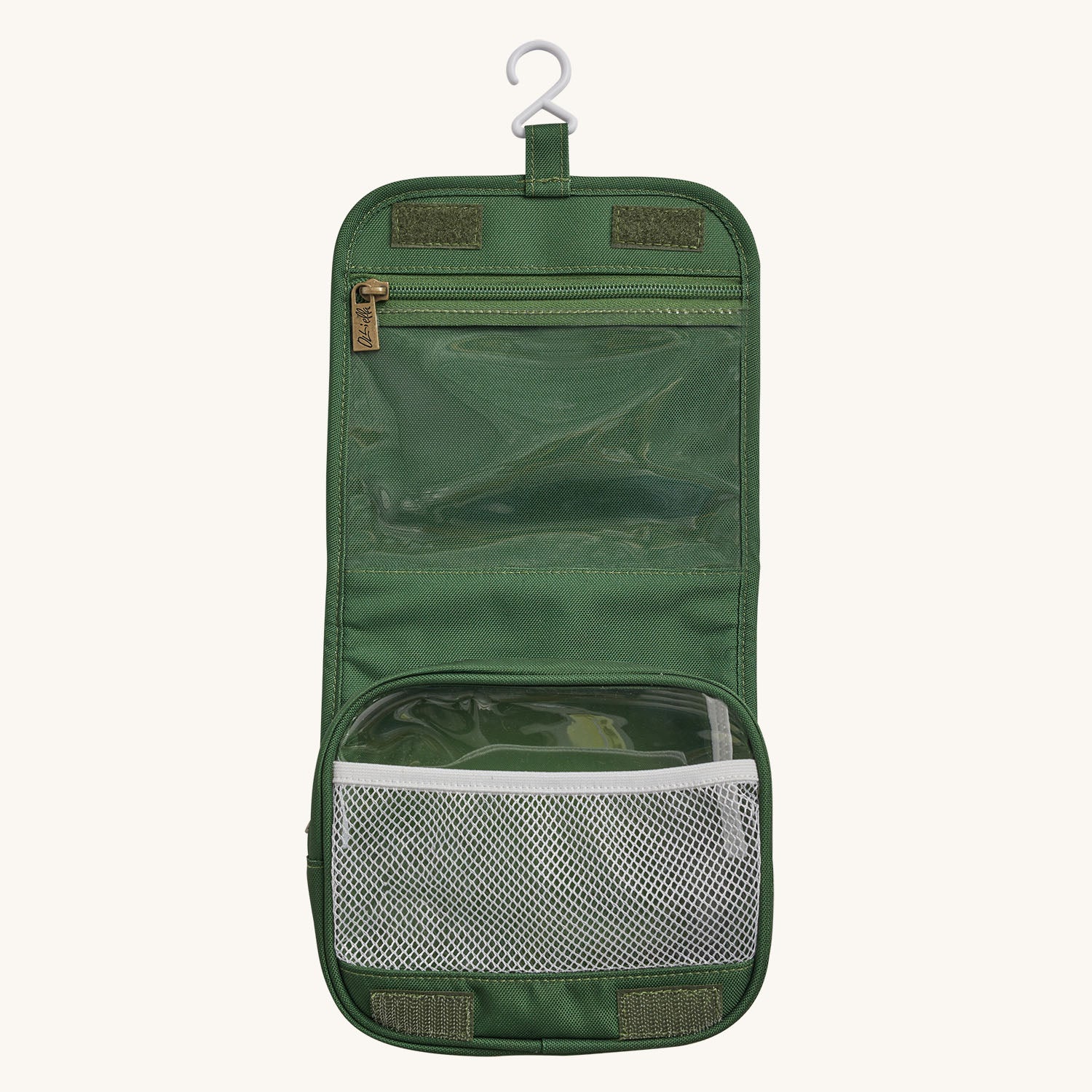 Olli Ella See-Ya Wash Bag in Forest Green Inside view showing compartments