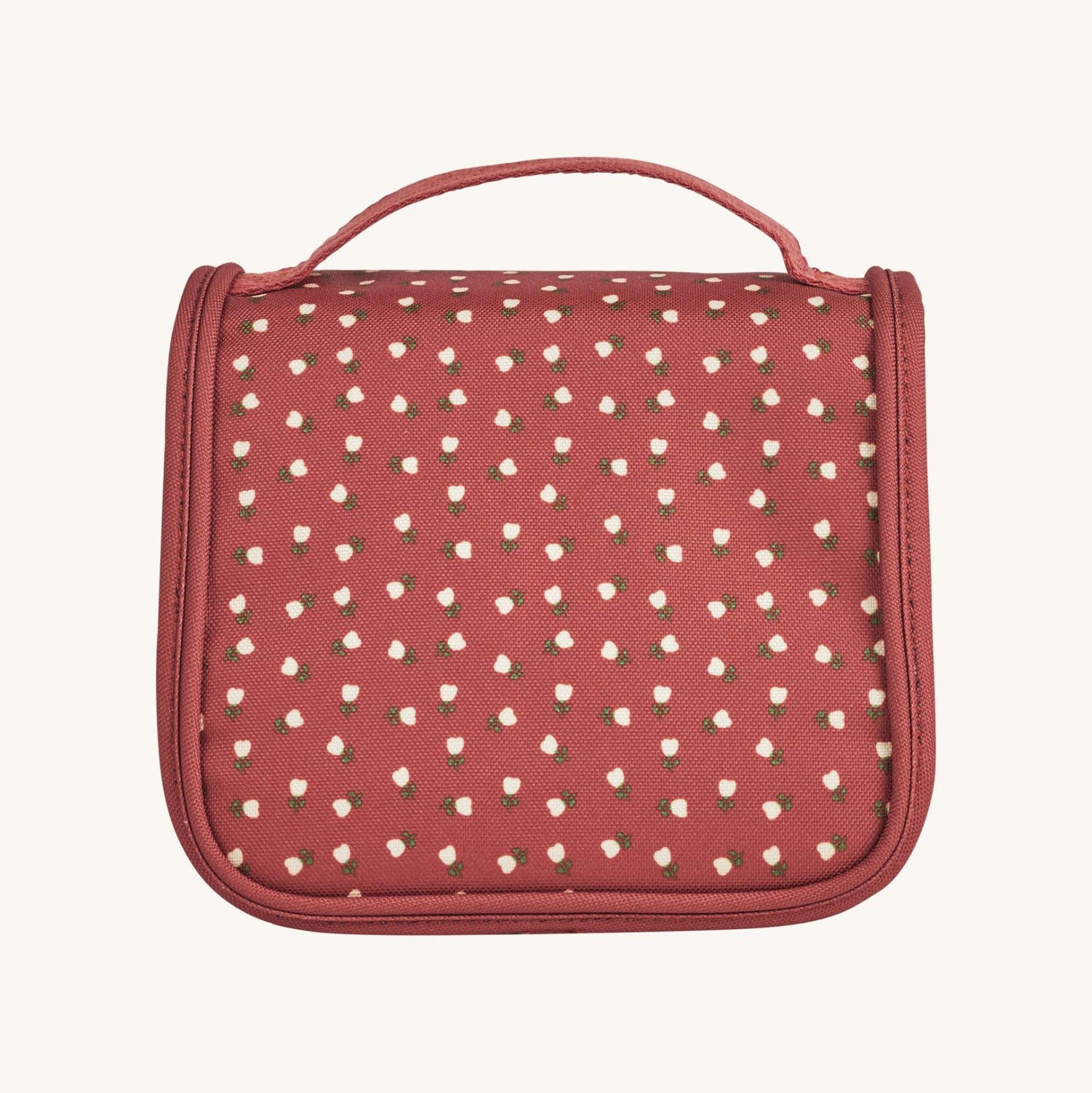 Olli Ella See-Ya Washbag in Sweetheart Red design showing inside compartments