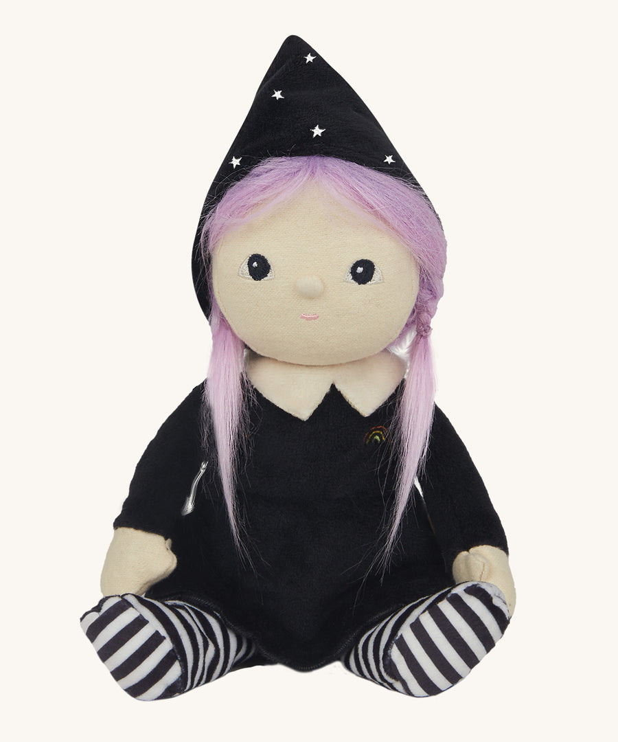 Olli Ella Willa Witch dinky doll positioned upright, wearing her witch hat