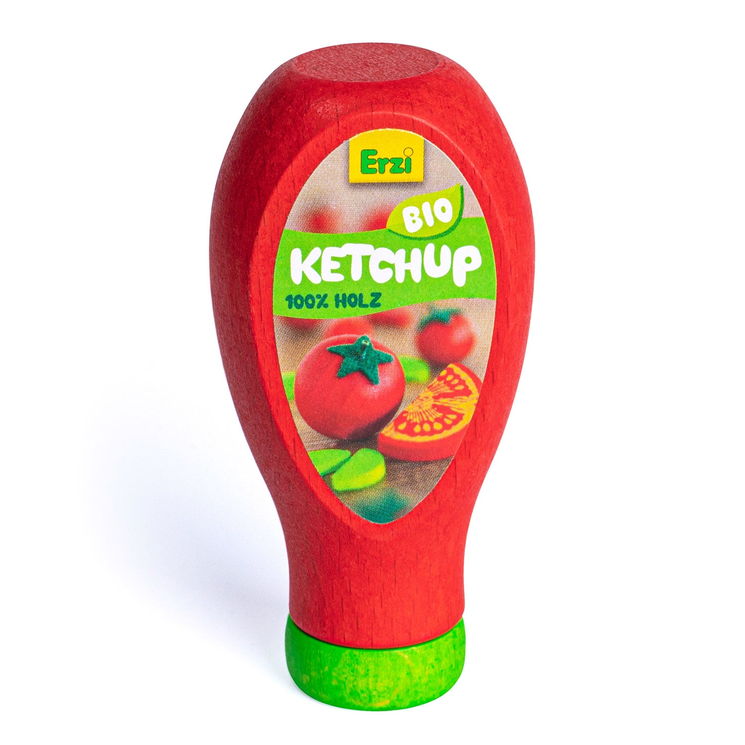 Erzi wooden toy ketchup play food pictured on a plain background