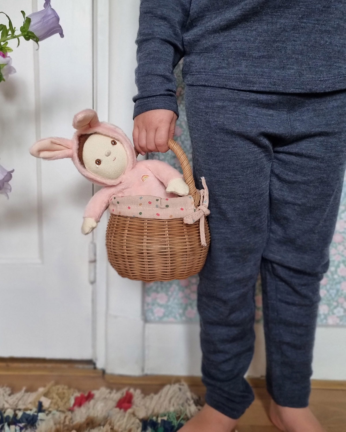 happily playing with the Olli Ella Rattan Berry Basket with Lining – Gumdrop. A beautiful lined rattan basket