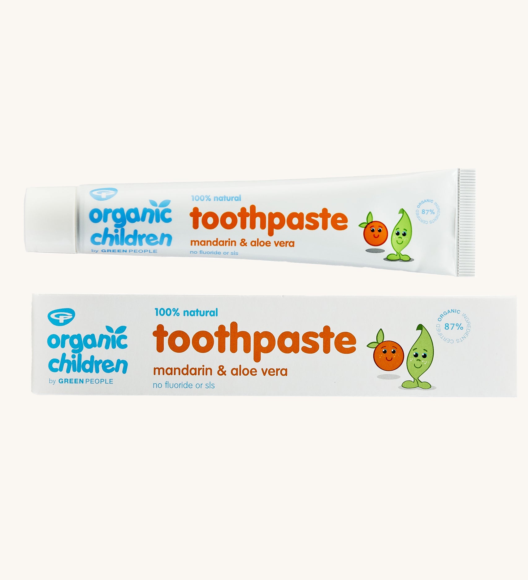 Organic Babies Toothpaste Mandarin & Aloe Vera on a plain background. 