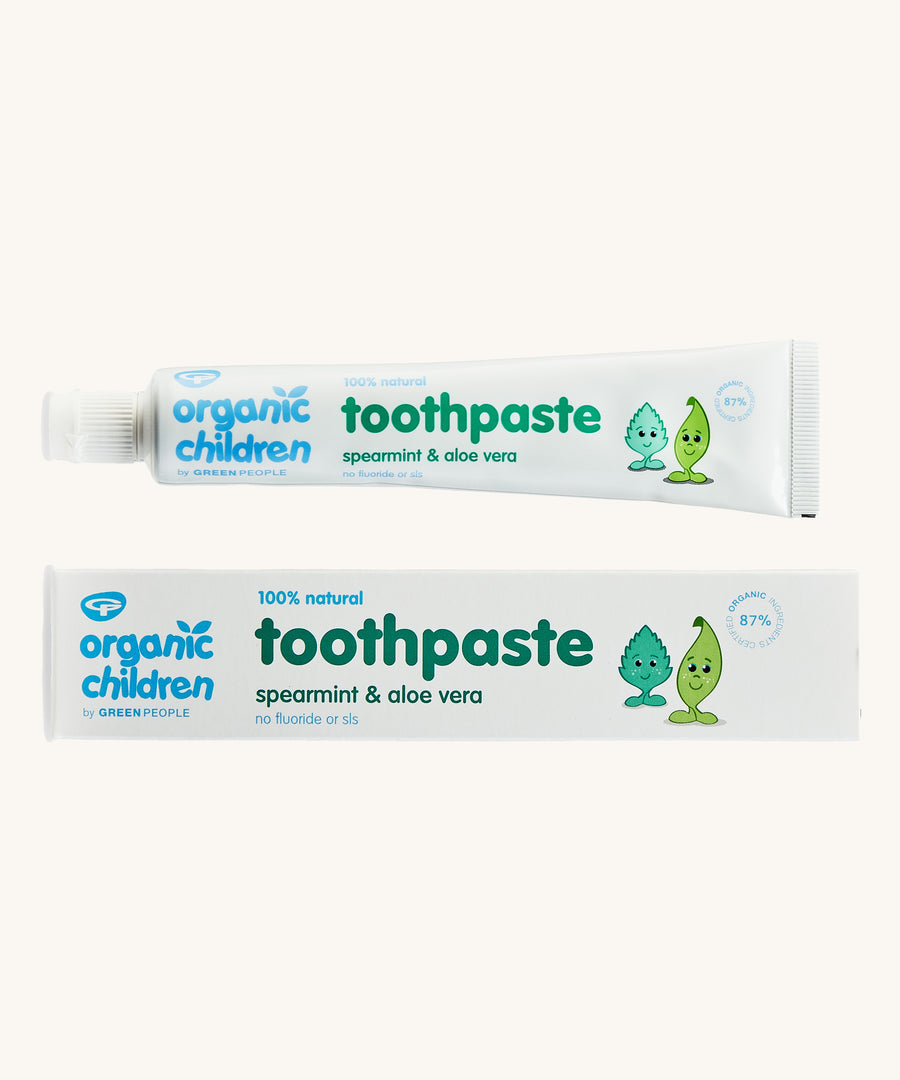 Organic Babies Toothpaste Spearmint & Aloe Vera on a plain background. 