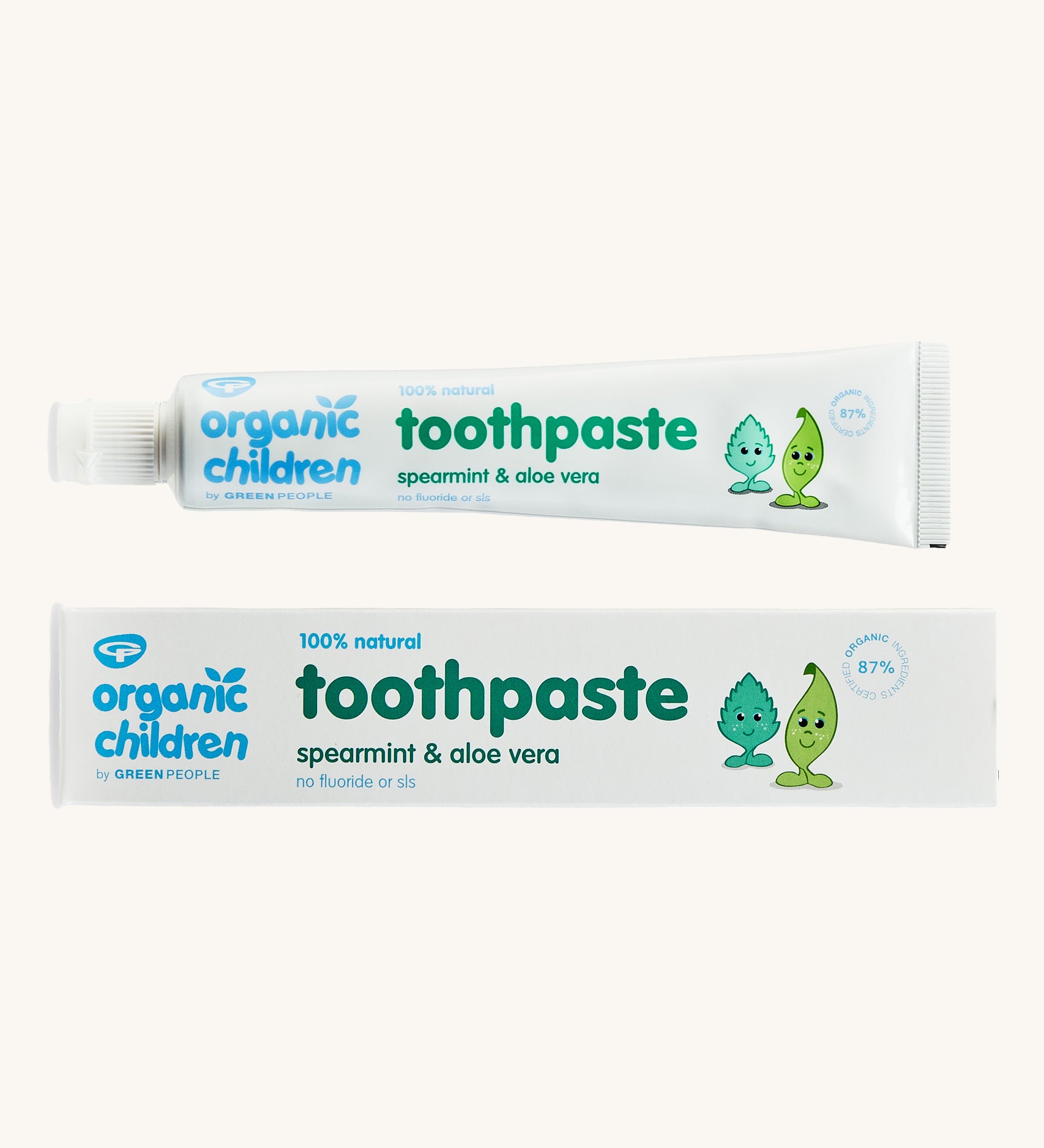 Organic Babies Toothpaste Spearmint & Aloe Vera on a plain background. 