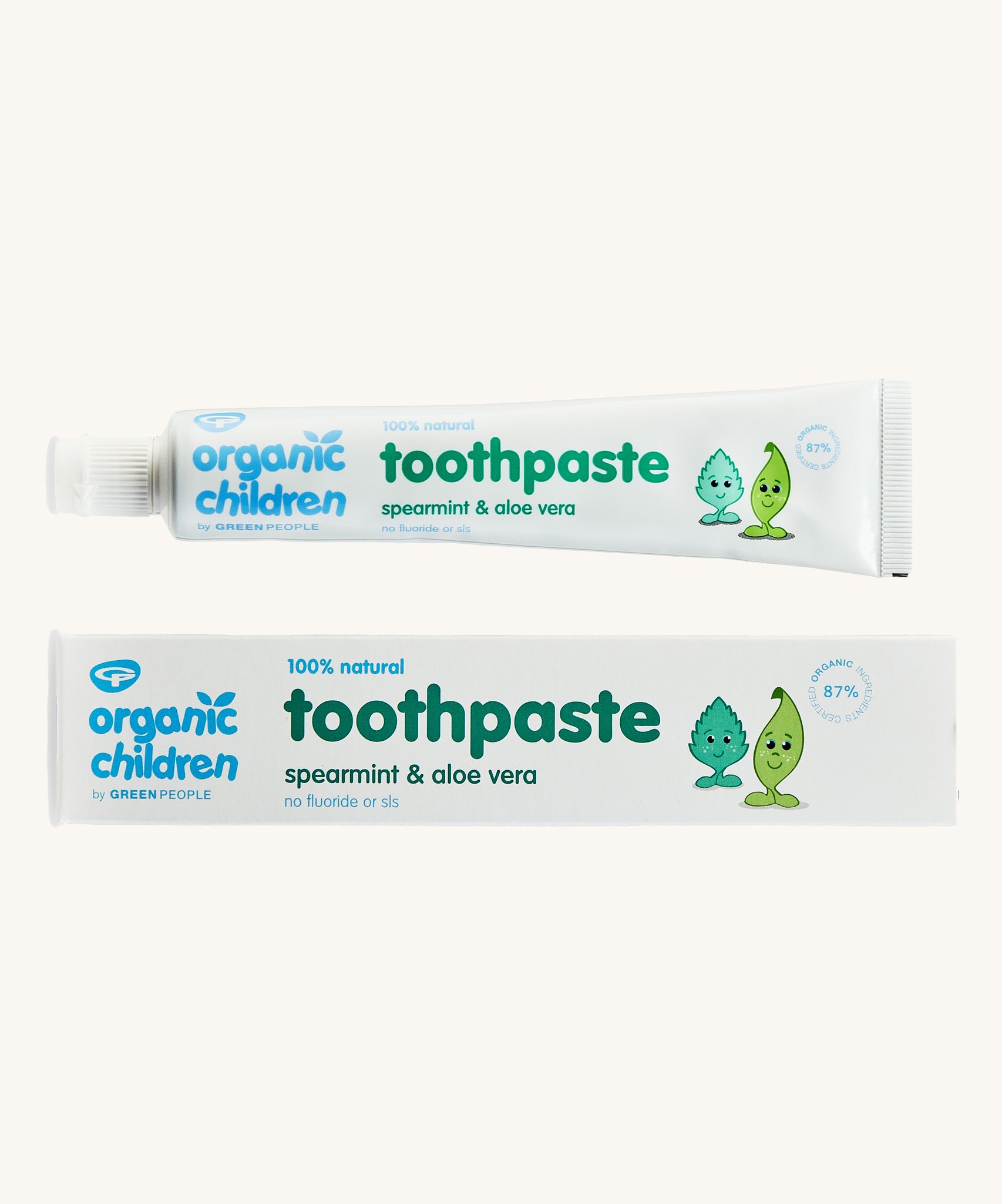 Organic Babies Toothpaste Spearmint & Aloe Vera on a plain background. 