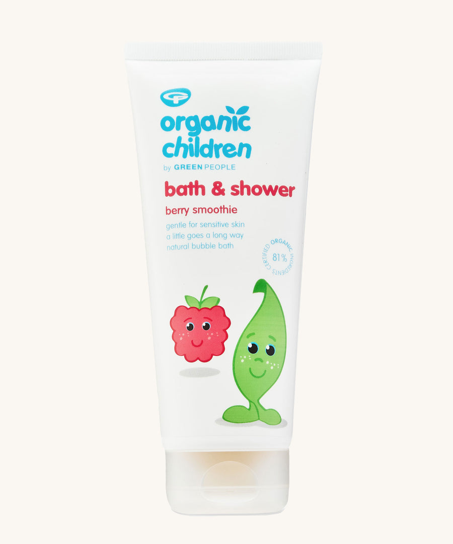 Organic Children Bath & Shower Gel Berry Smoothie in a 200ml tube on a plain background. 