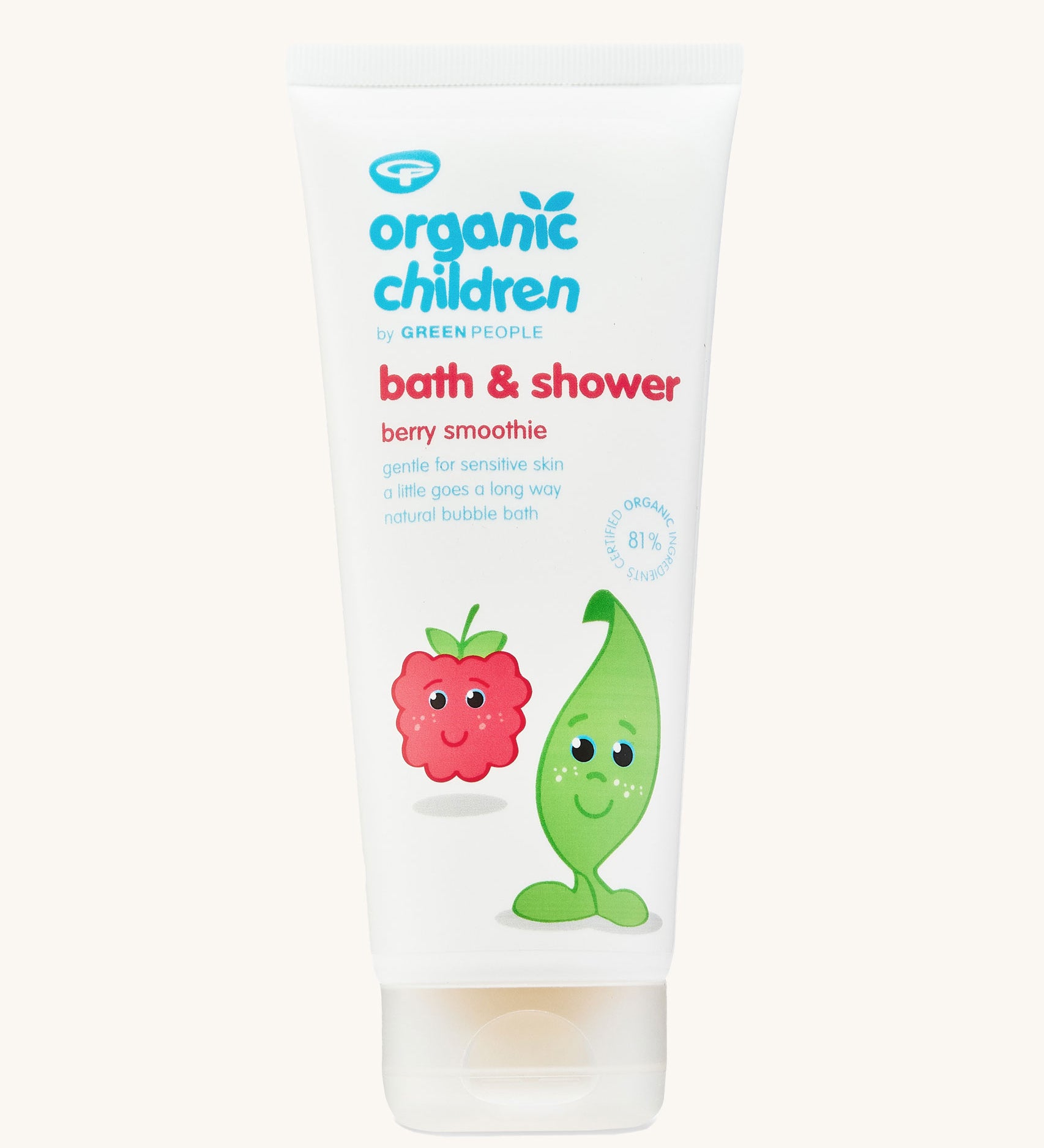 Organic Children Bath & Shower Gel Berry Smoothie in a 200ml tube on a plain background. 