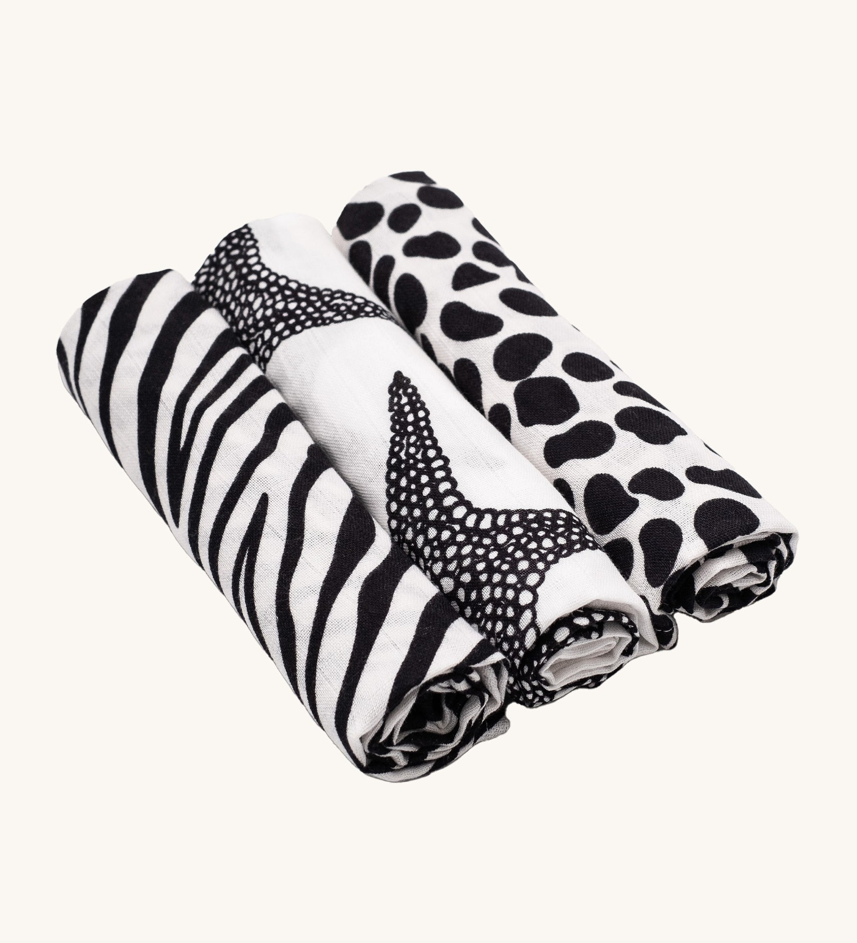 Etta Loves Organic Cotton Muslin Squares 3 Pack - Animal Print, with a Zebra, Starfish and Dalmatian striking black print