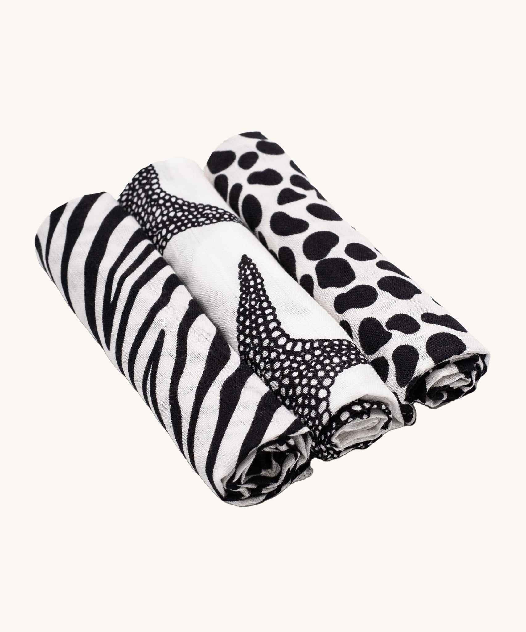 Etta Loves Organic Cotton Muslin Squares 3 Pack - Animal Print, with a Zebra, Starfish and Dalmatian striking black print