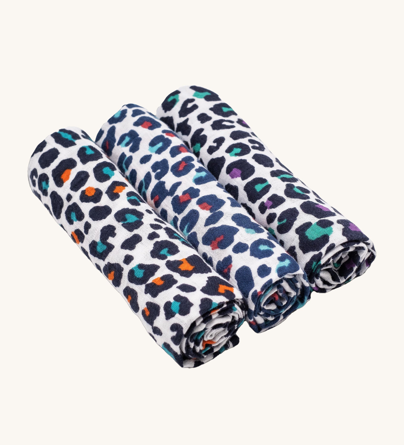 Etta Loves Organic Cotton Baby Muslin Squares 3 Pack - Leopard, with three different coloured leopard sport prints