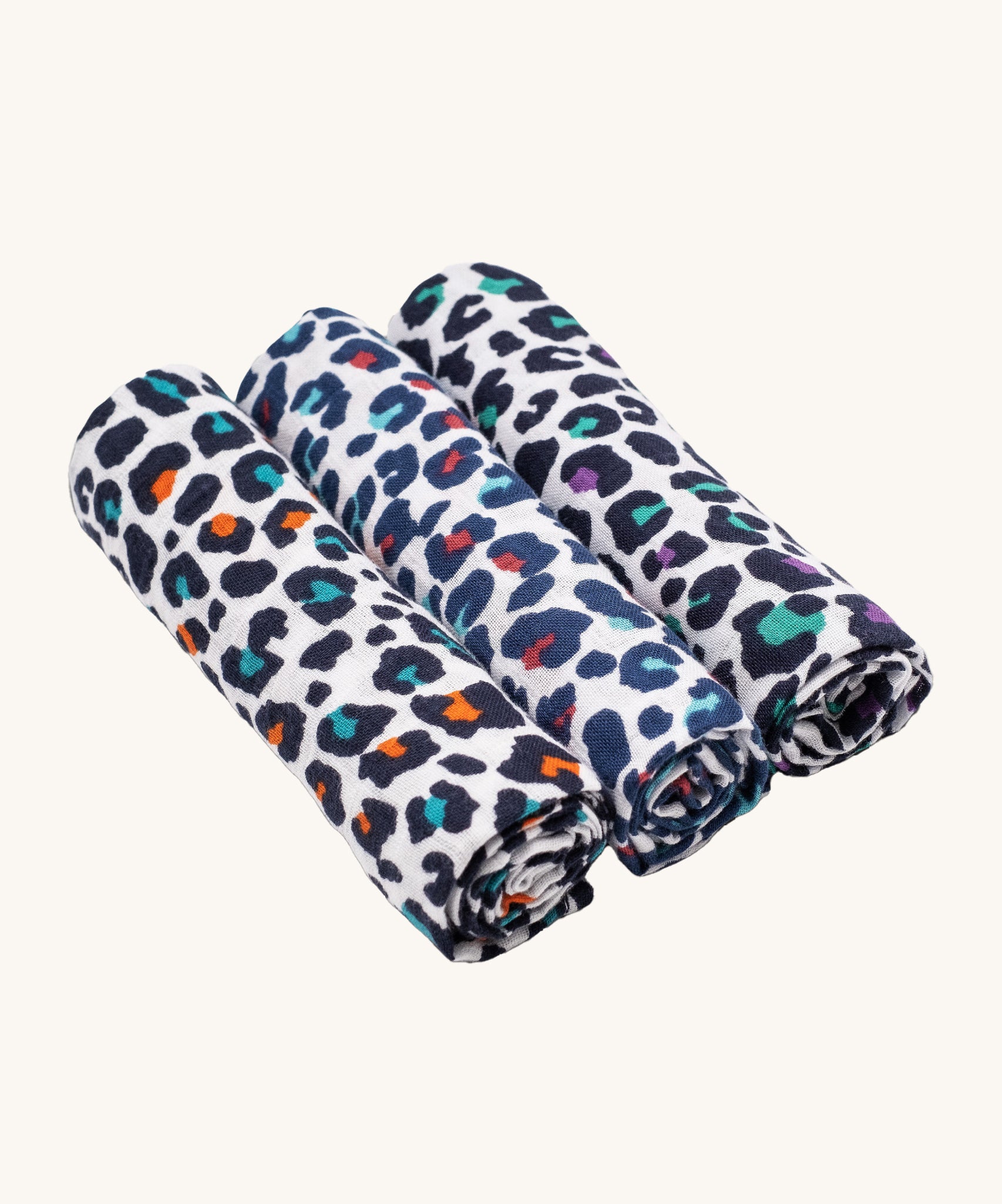 Etta Loves Organic Cotton Baby Muslin Squares 3 Pack - Leopard, with three different coloured leopard sport prints