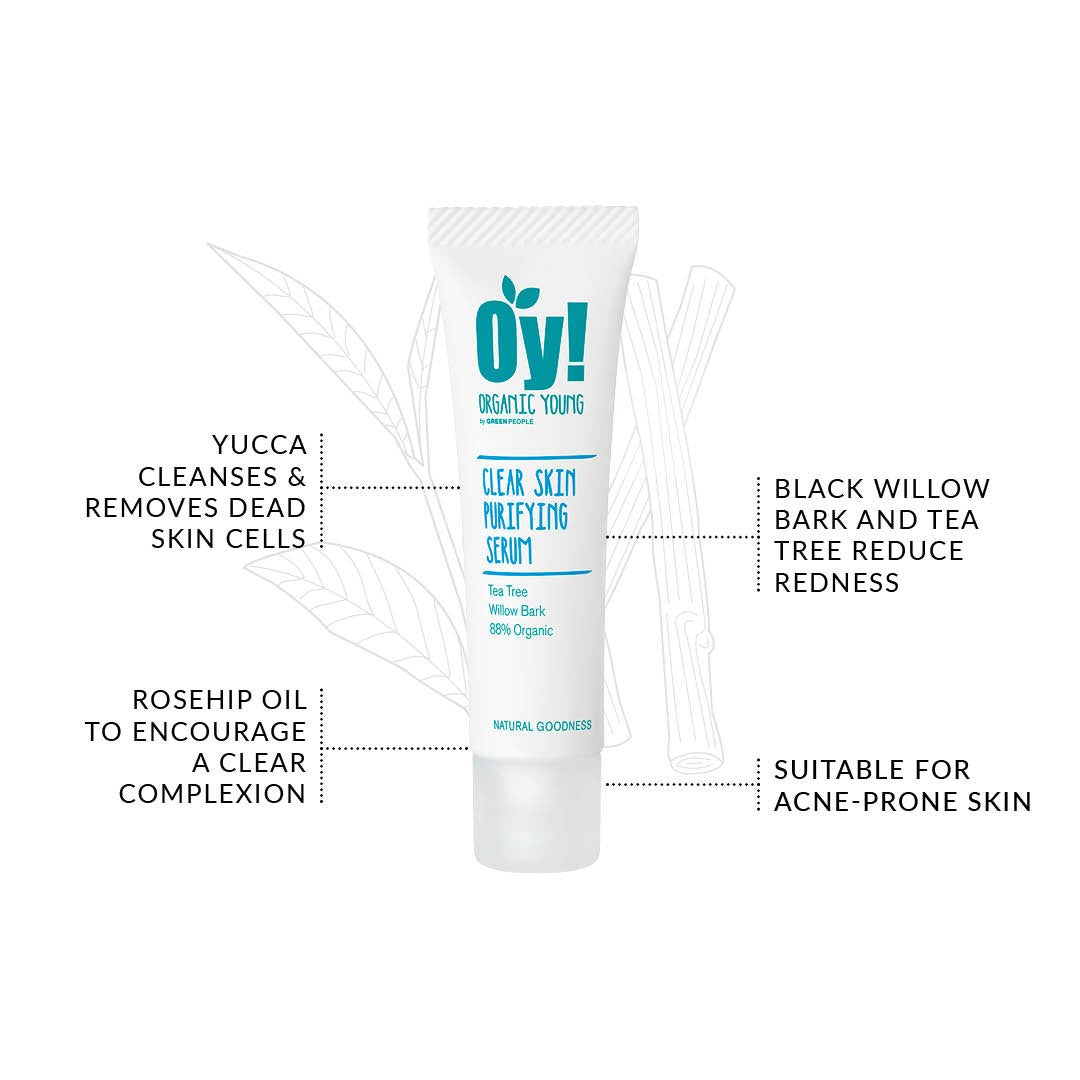 An info graphic featuring the OY! Clear Skin Purifying Serum