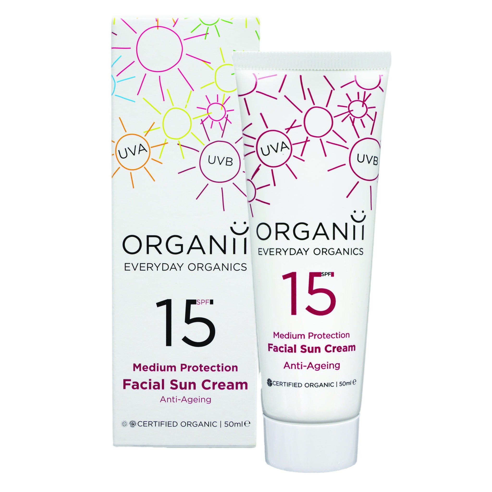 Organii SPF15 Mineral Anti Ageing Faceal Sun Cream 50ml tube, on a white background