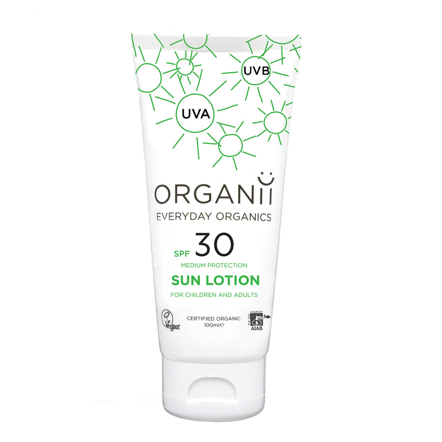 Organii SPF30 Mineral Sun Lotion 100ml bottle on a white background