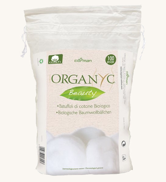 Organyc 100 Organic Cotton Balls shown in their packaging bag on a plain background.