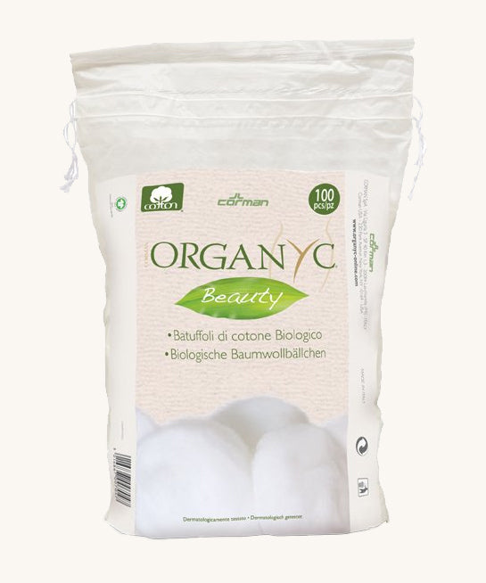 Organyc 100 Organic Cotton Balls shown in their packaging bag on a plain background.