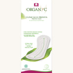 Organyc 20 Extra Long Panty Liners in a box on a plain background. 