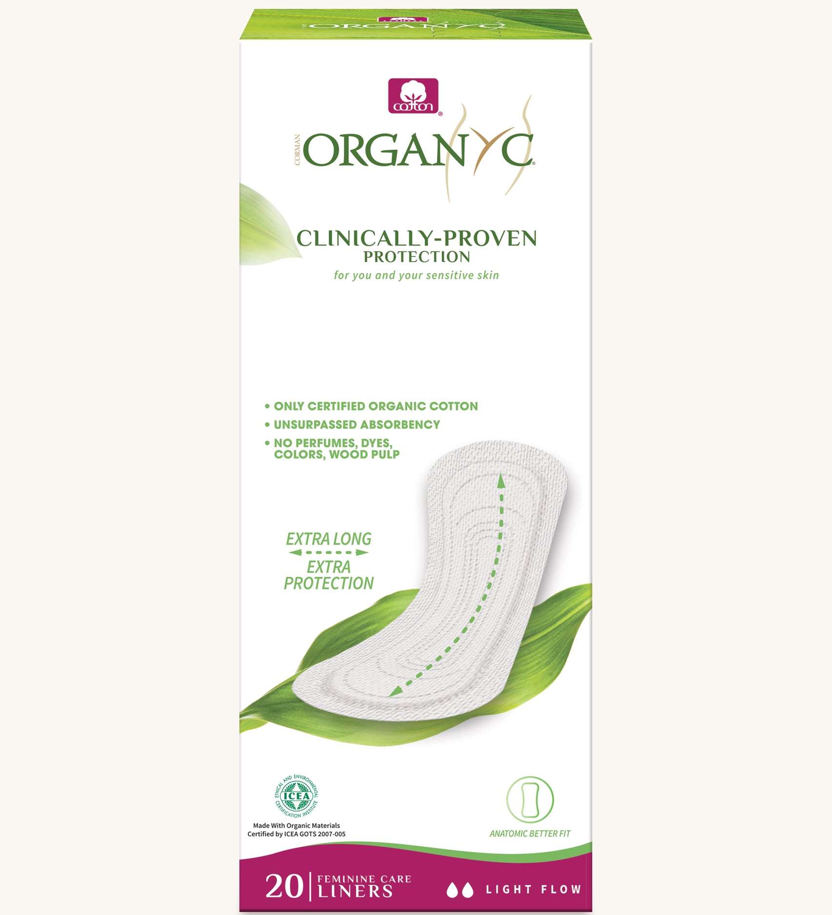 Organyc 20 Extra Long Panty Liners in a box on a plain background. 