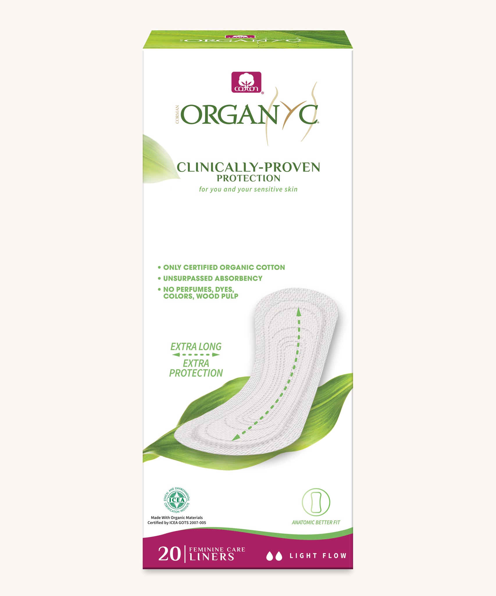 Organyc 20 Extra Long Panty Liners in a box on a plain background. 