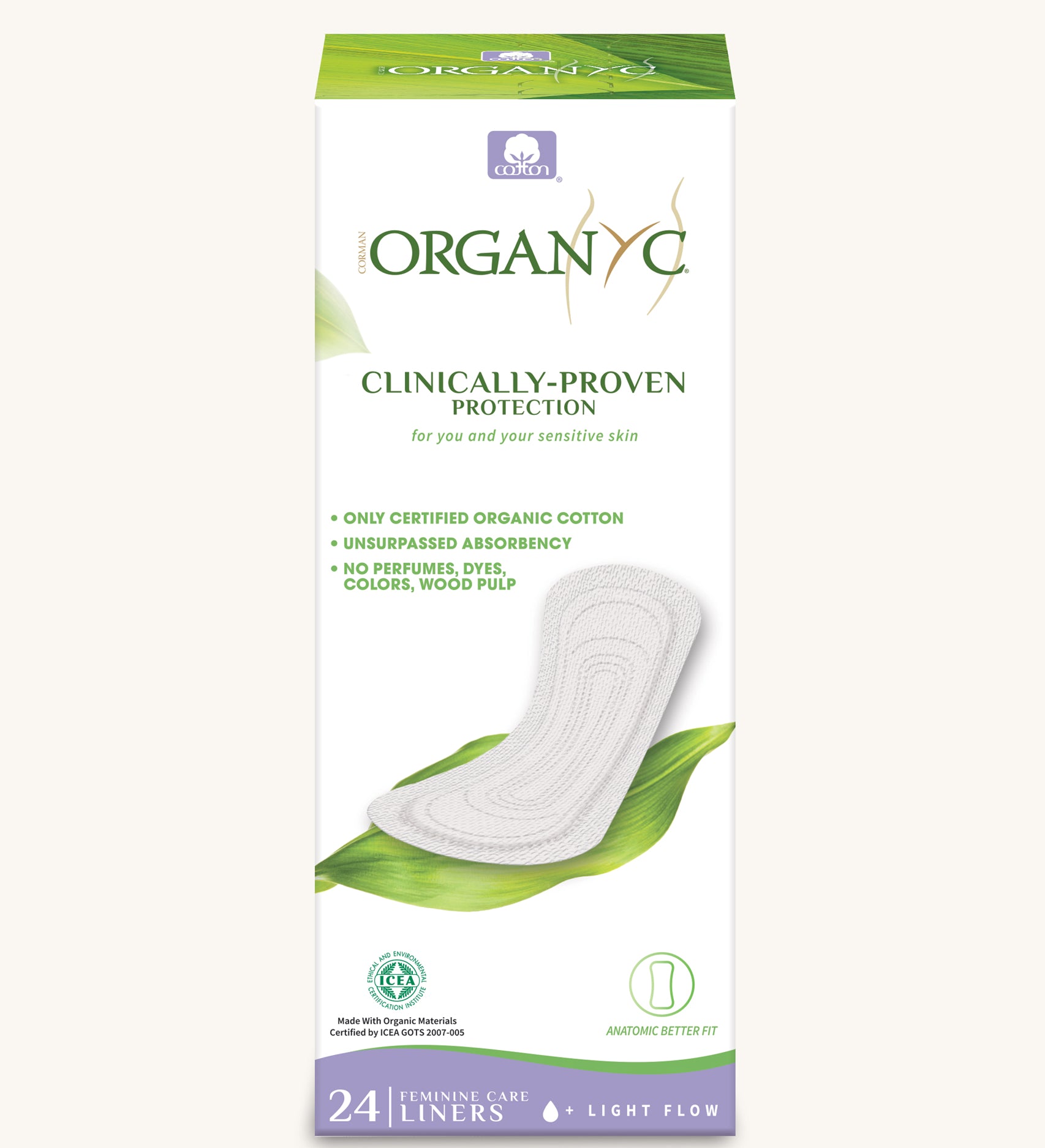 Organyc 24 Light Flow Panty Liners in their box on a plain background. 