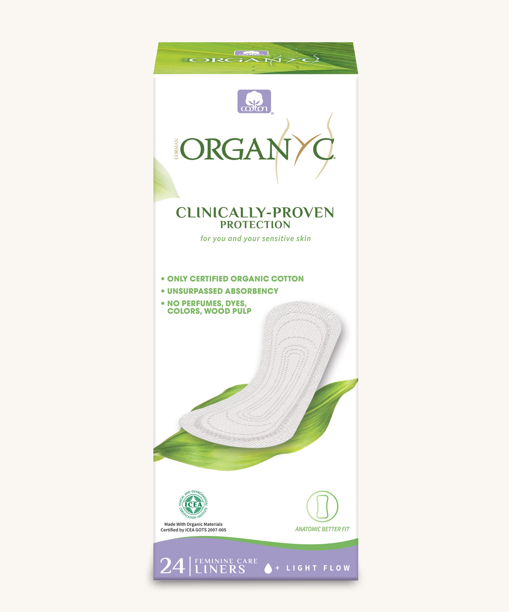 Organyc 24 Light Flow Panty Liners in their box on a plain background. 