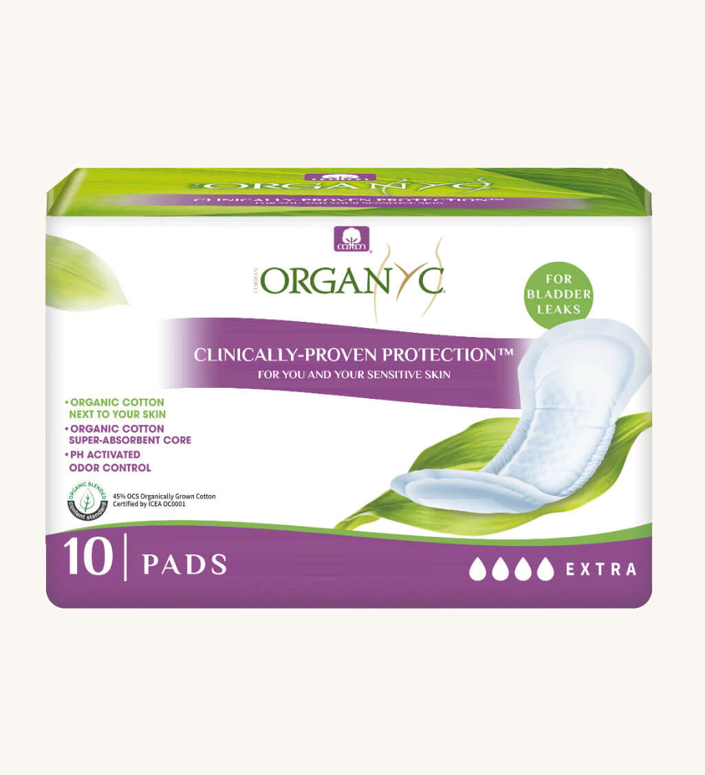 Organyc 10 Maximum Pads in their pack on a plain background.