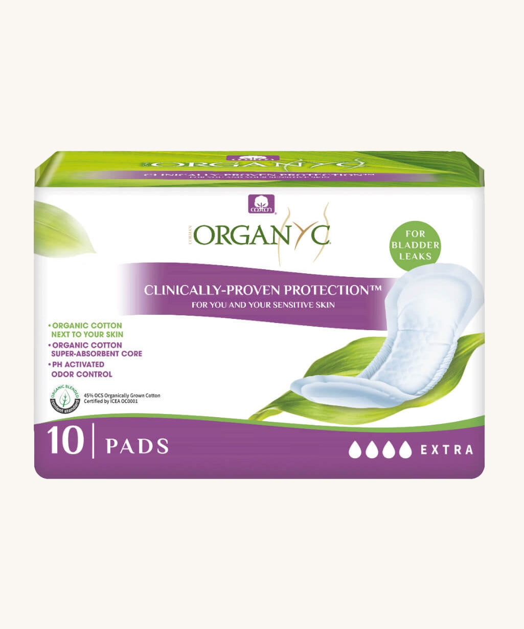 Organyc 10 Maximum Pads in their pack on a plain background.