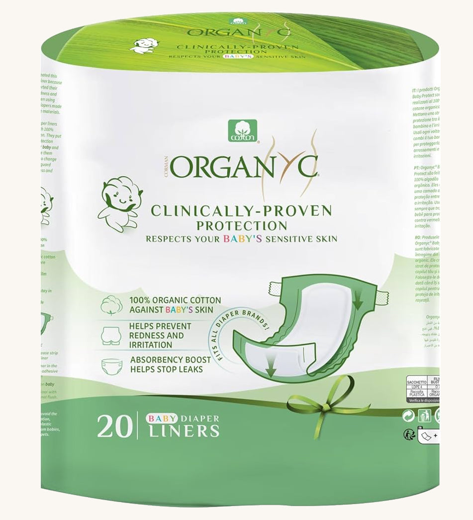 Organyc organic cotton nappy liners in the packet on a plain background. 