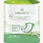 Organyc organic cotton nappy liners in the packet on a plain background. 