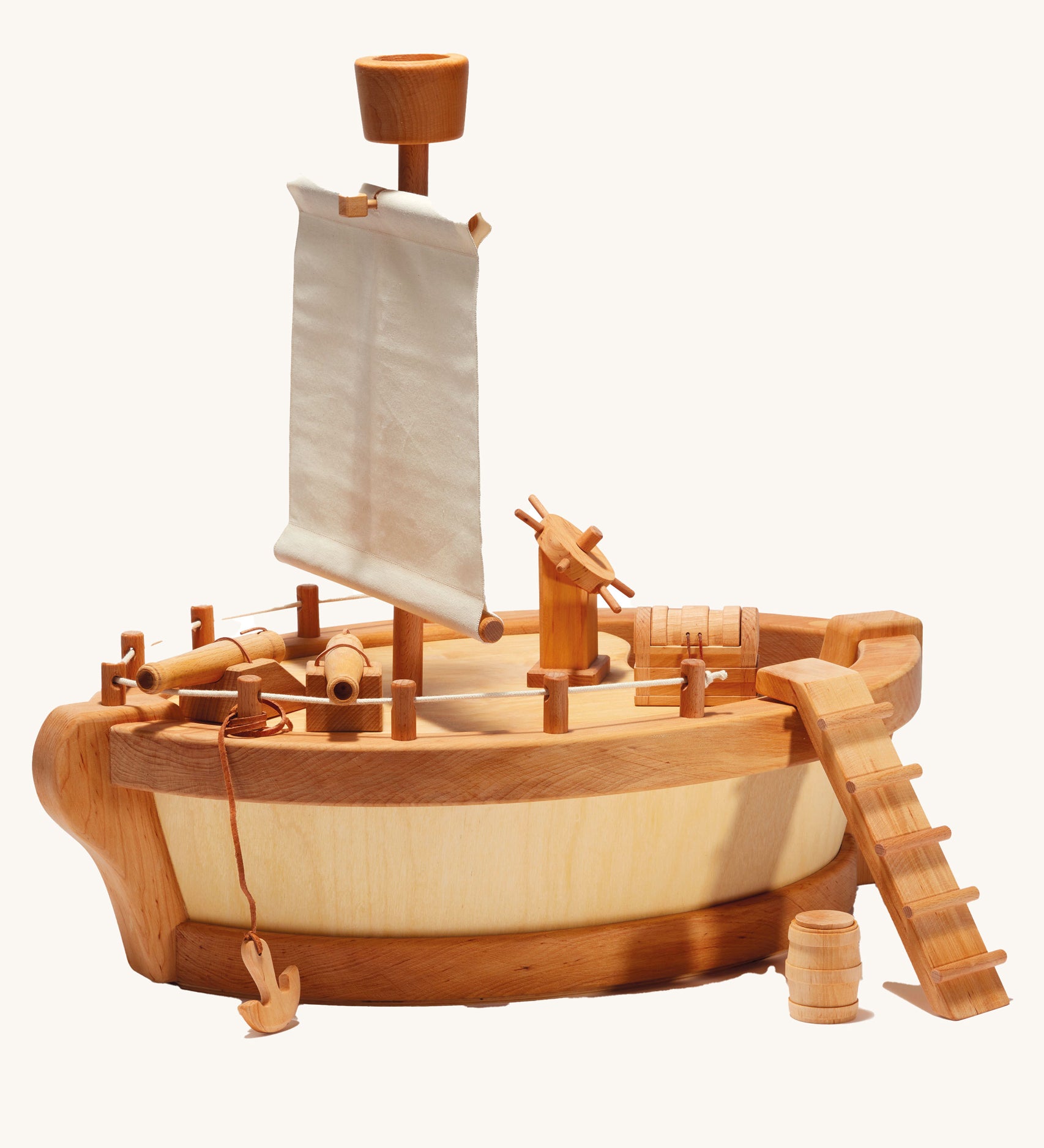 An Ostheimer ark body with a Ostheimer Sail Mast With Look Out attached. There is also an anchor. cannons, steering wheel, treasure chest and barrel on the ark.