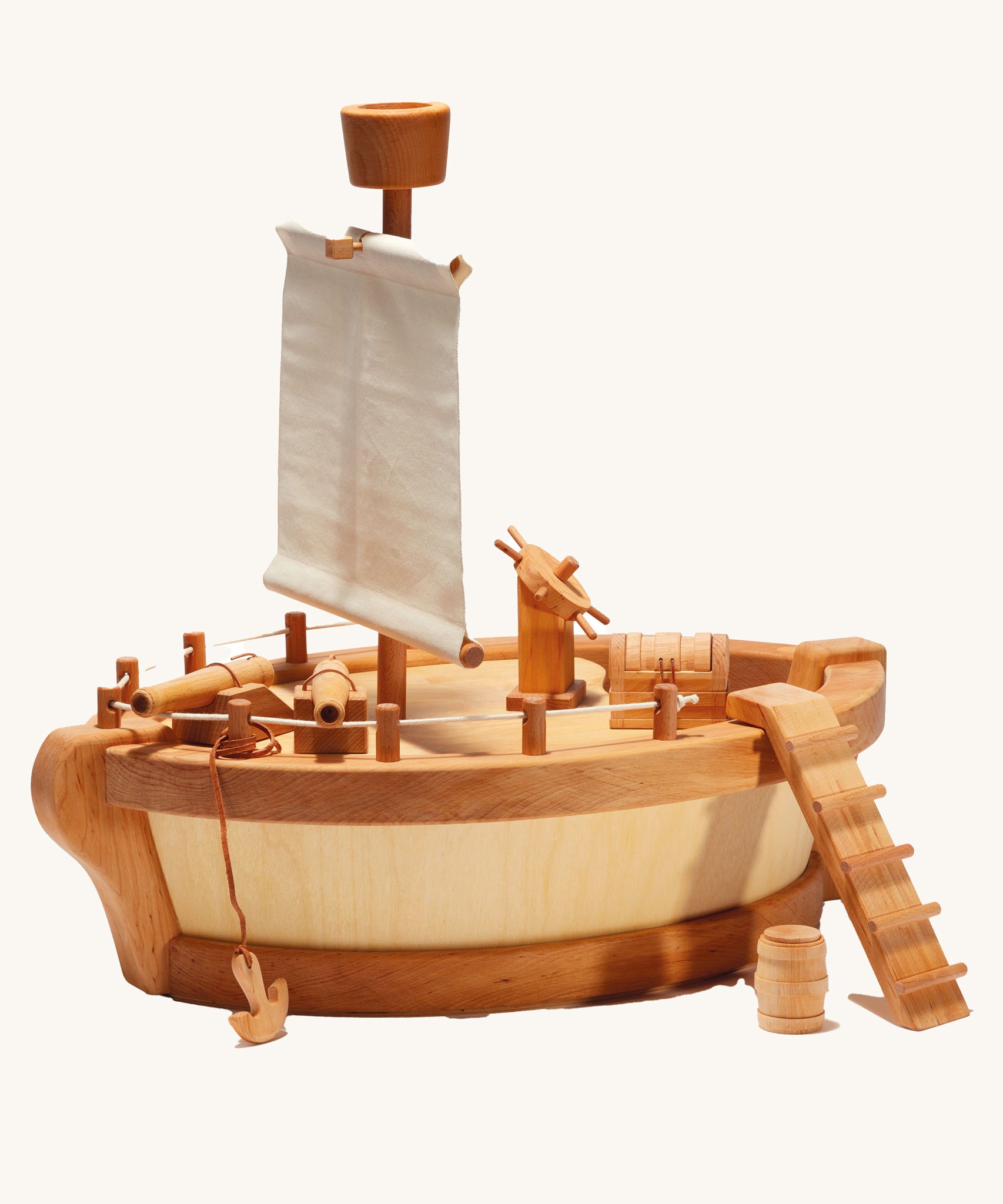 An Ostheimer ark body with a Ostheimer Sail Mast With Look Out attached. There is also an anchor. cannons, steering wheel, treasure chest and barrel on the ark.