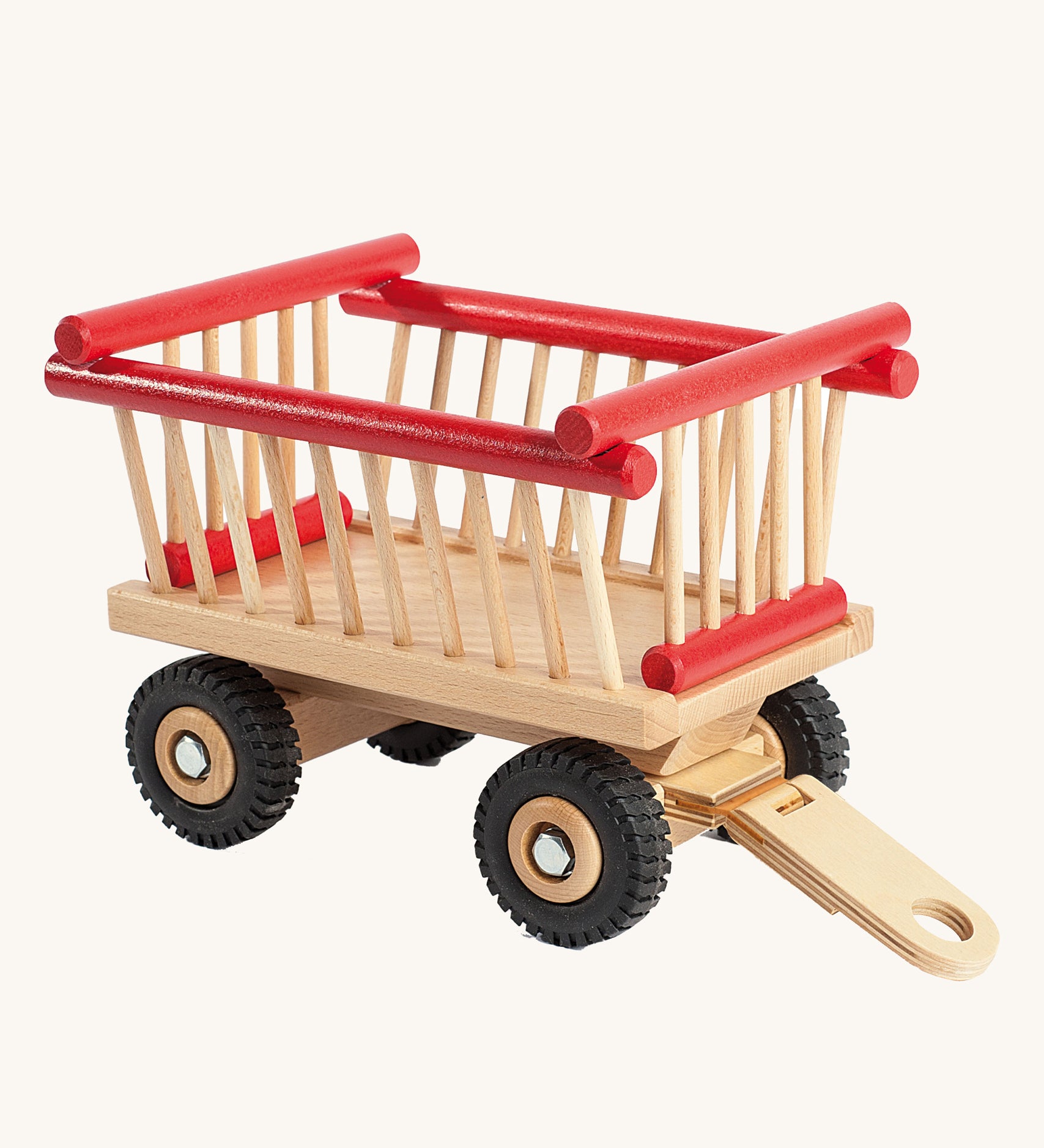 Ostheimer wooden hay-cart with red details on a plain background. 