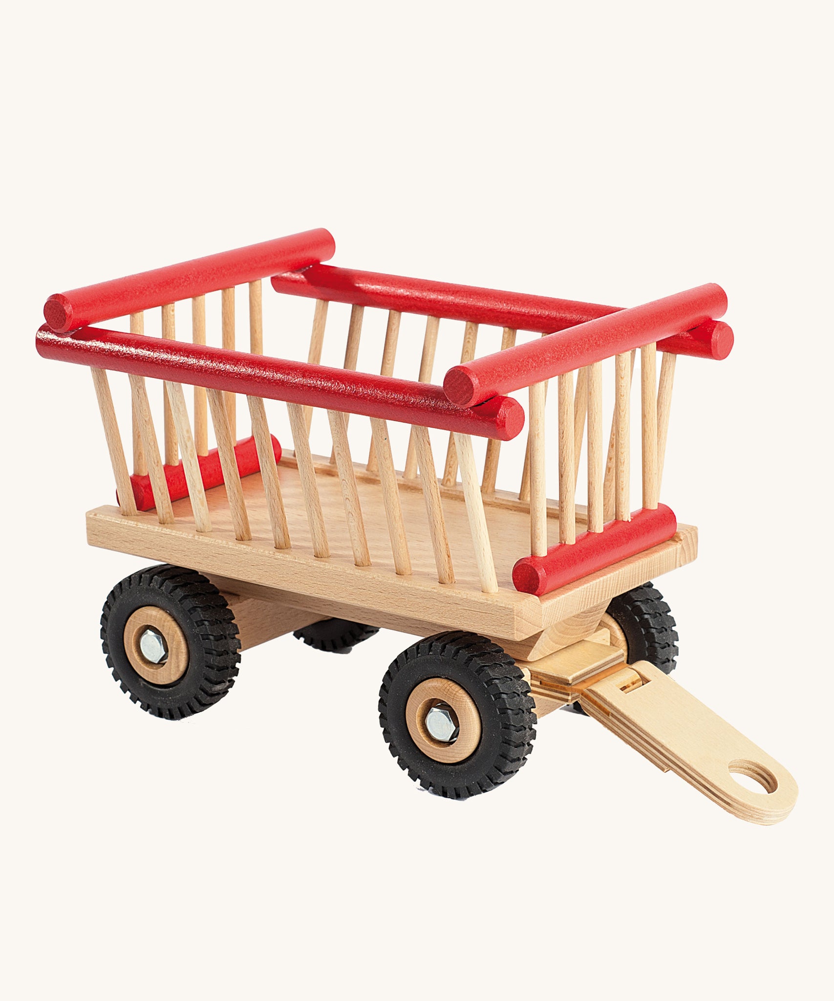 Ostheimer wooden hay-cart with red details on a plain background. 