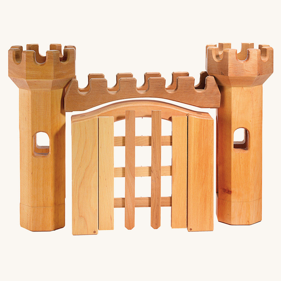 Ostheimer toy castle trellised gate and towers (available separatley) on a beige background