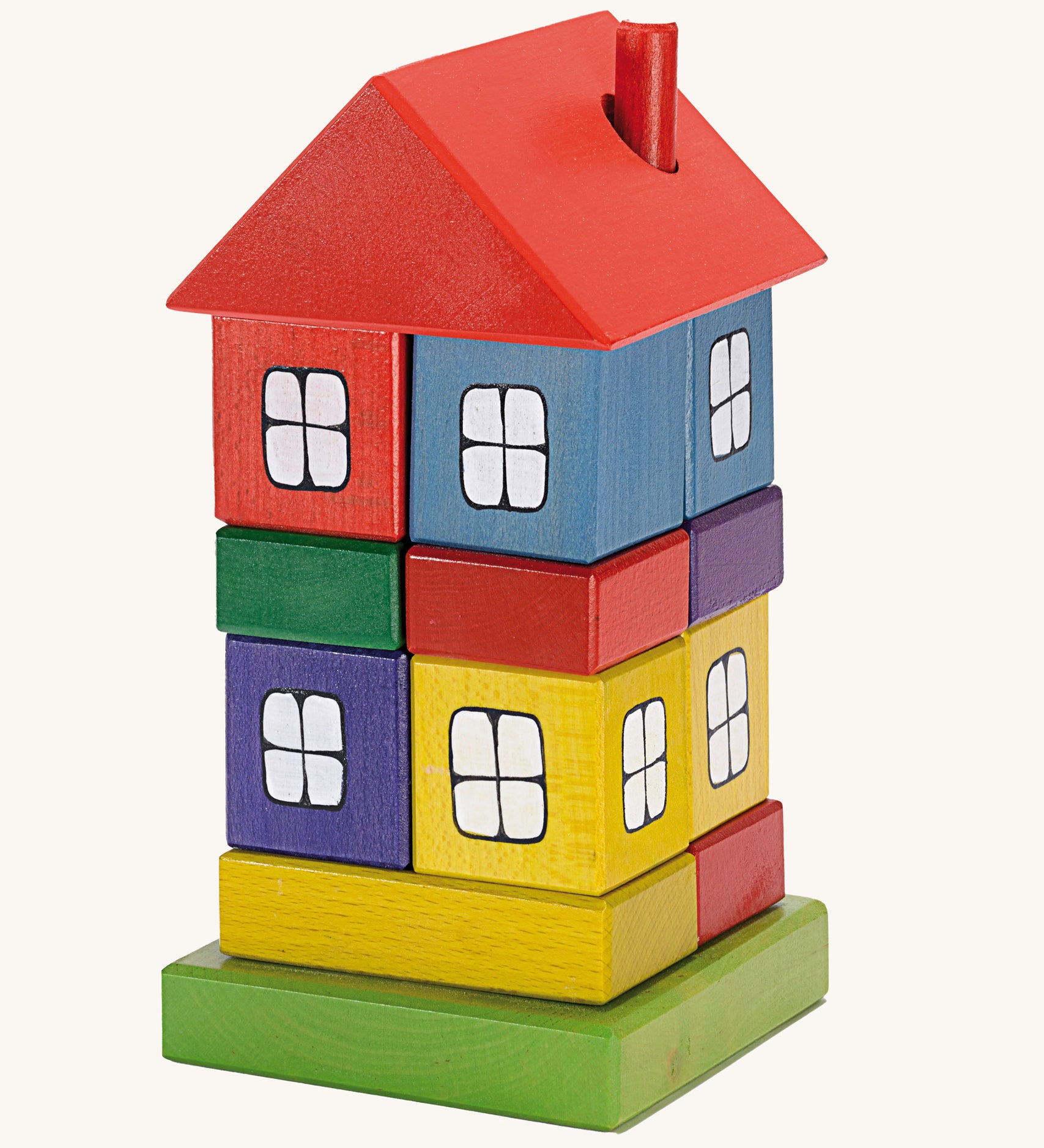 Ostheimer Multi Coloured Block House wooden toy on a plain background. 