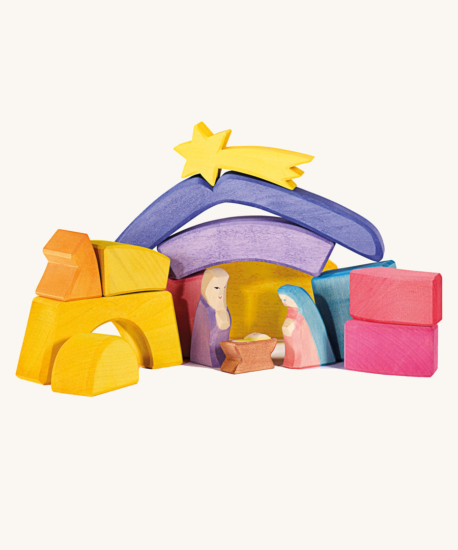 The blocks from the Ostheimer Rainbow Nativity Blocks set, set up in a festive nativity play scene. 