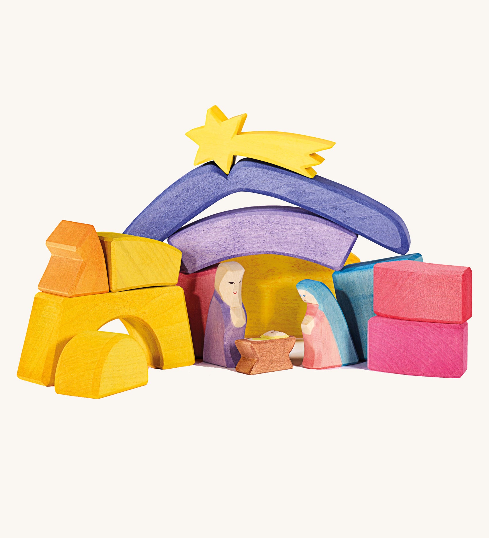 The blocks from the Ostheimer Rainbow Nativity Blocks set, set up in a festive nativity play scene. 