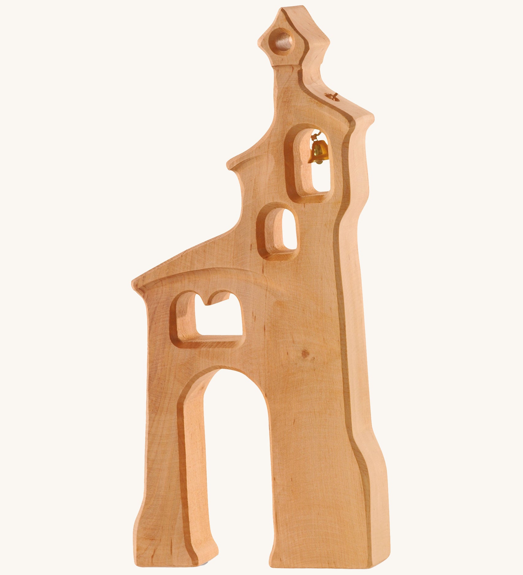 Ostheimer children's handmade wooden bell tower toy on a cream background