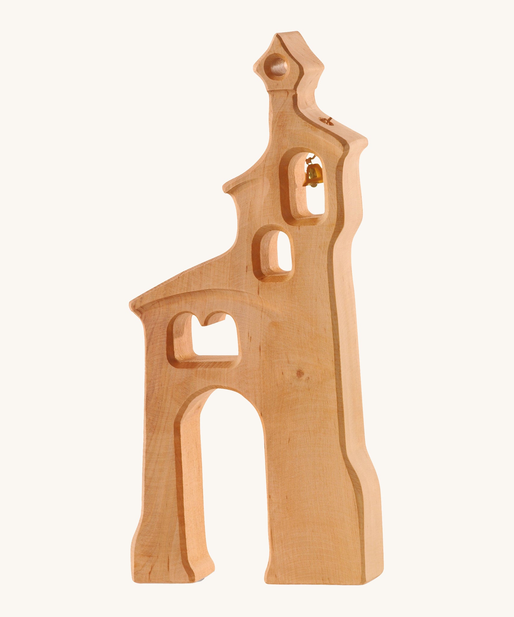 Ostheimer children's handmade wooden bell tower toy on a cream background