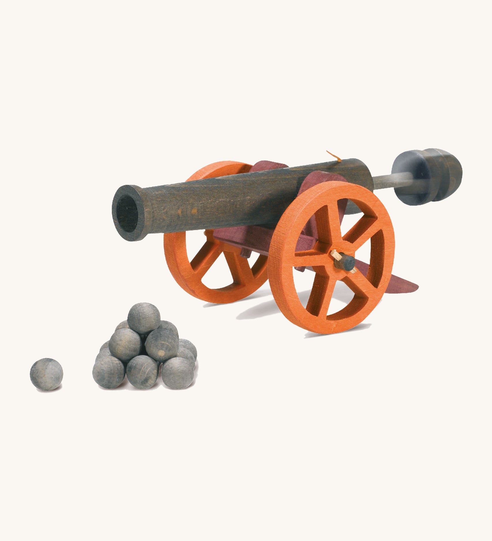 A wooden Ostheimer cannon firing the Ostheimer mini cannon balls on a cream background.