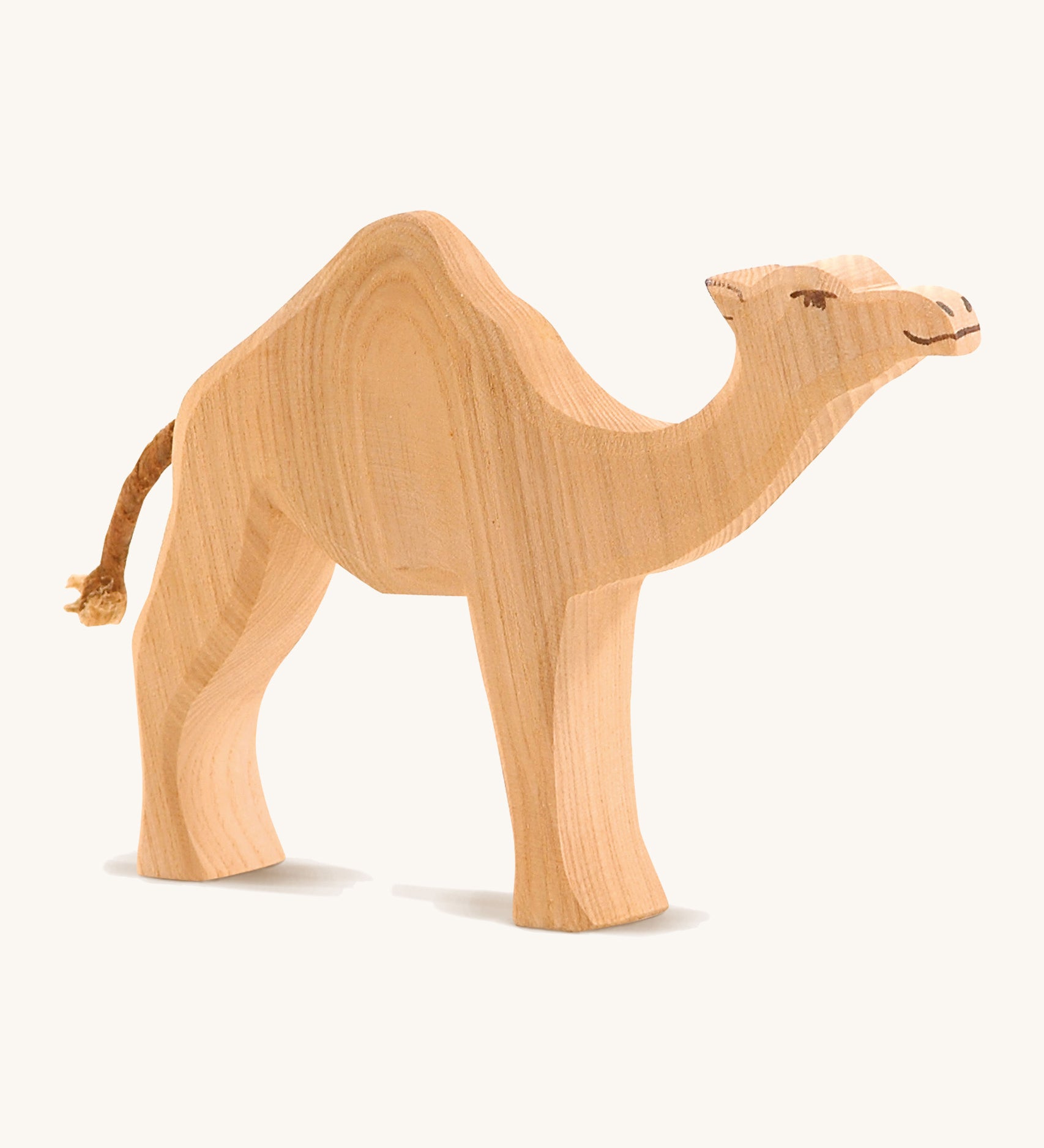 A wooden Ostheimer Dromedary camel on a cream background.