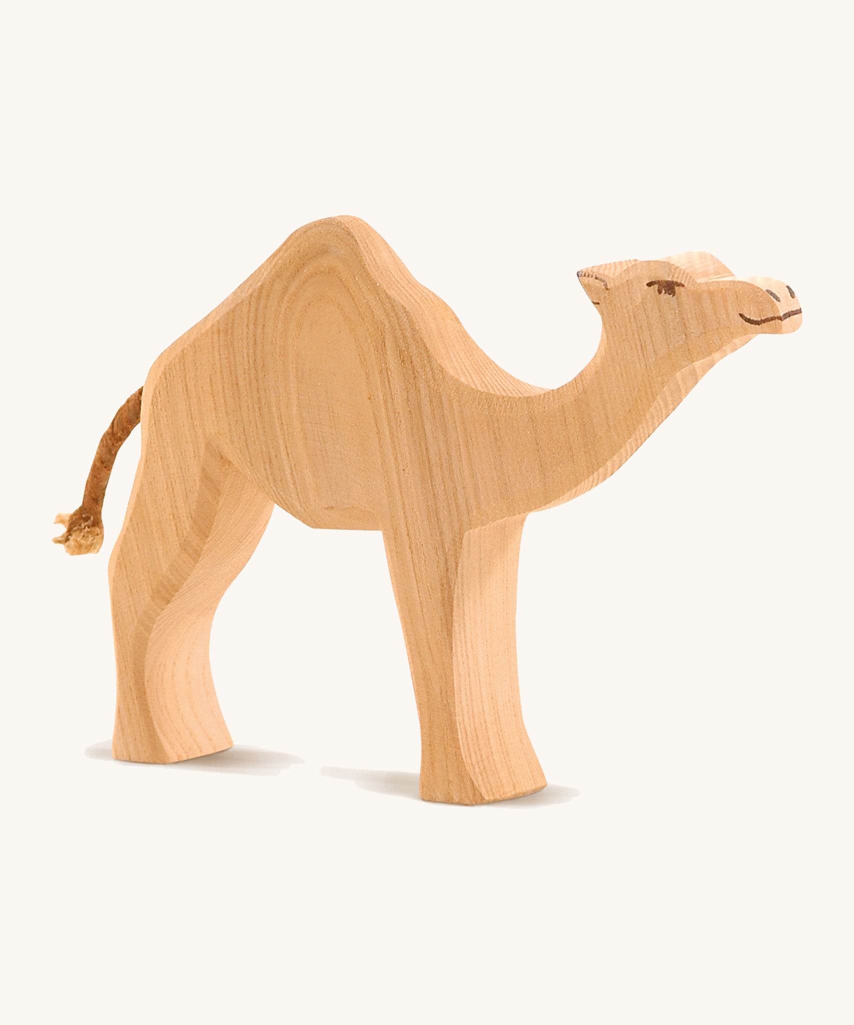 A wooden Ostheimer Dromedary camel on a cream background.