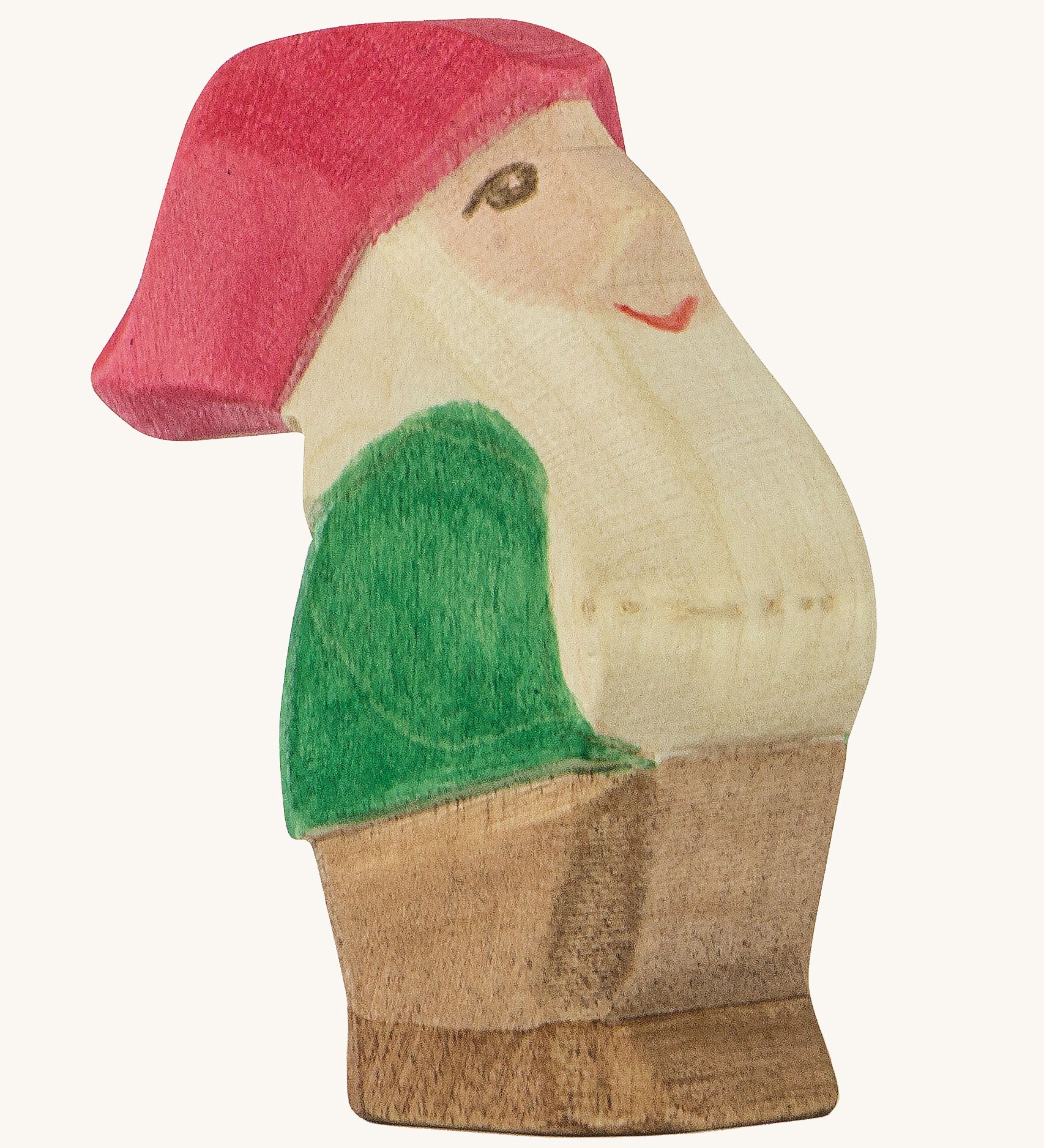 A wooden Ostheimer Eugen dwarf figure wearing a green top, brown trousers and a red hat on a cream background.