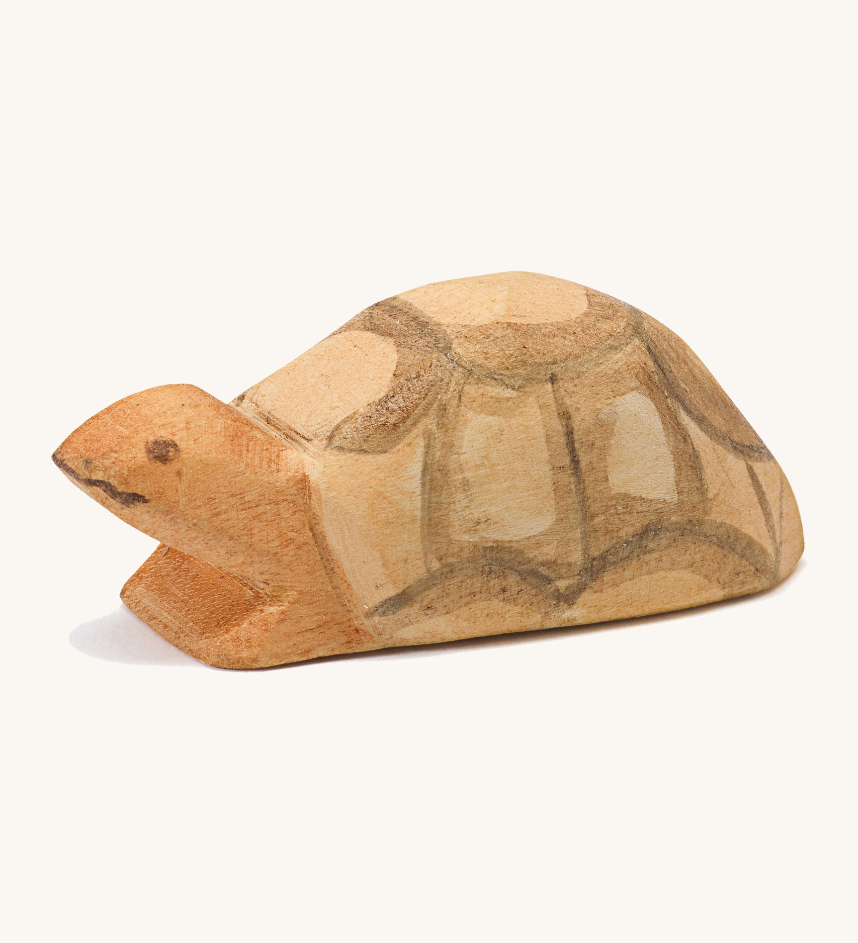 A small wooden Ostheimer turtle on a cream background