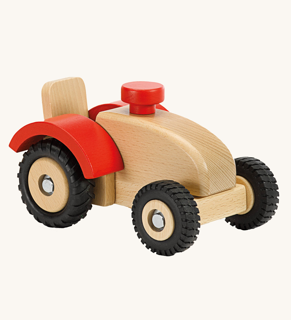 Ostheimer Wooden Tractor toy on a plain background. The tractor has red wheel arches and black rubber tyres. 