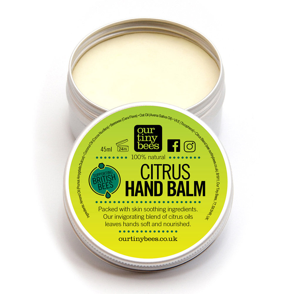 Our Tiny Bees Beeswax Citrus Hand Balm in tin on white background