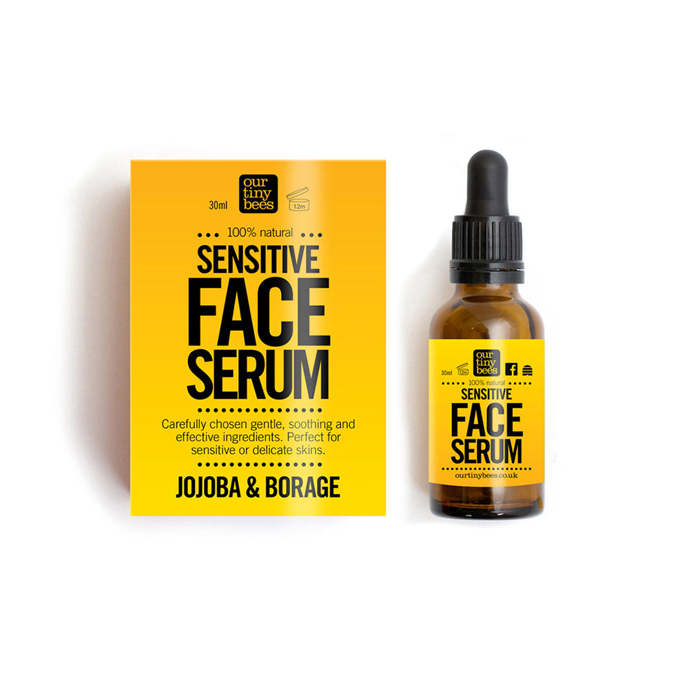 Our Tiny Bees Sensitive Face Serum in bottle next to box on white background