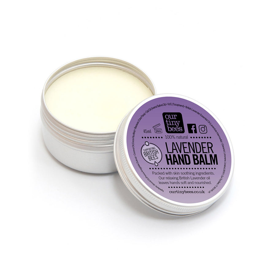 Our Tiny Bees Beeswax Lavender Hand Balm in tin on white background